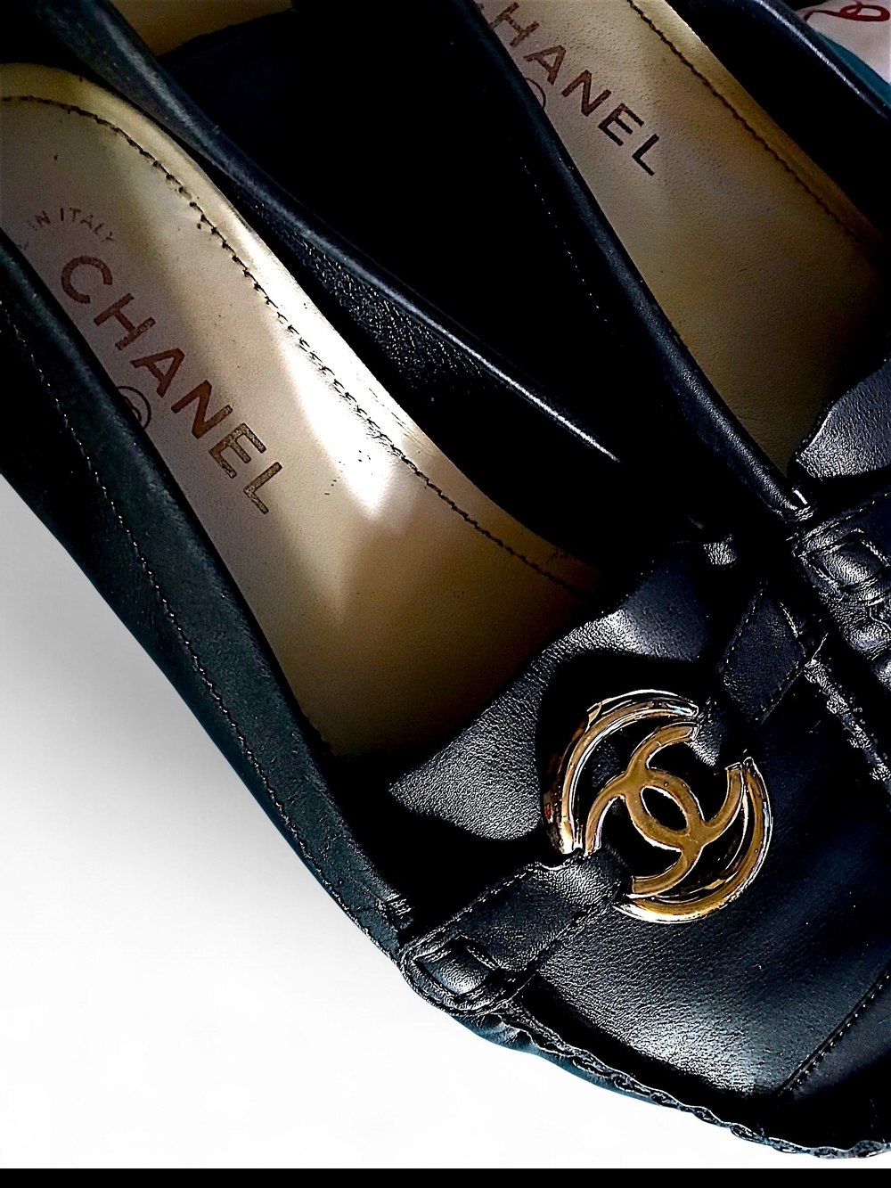 CHANEL Black Leather Loafers with Gold CC Emblem TIMELESS and THOROUGHLY POSH... - Picture 8 of 11